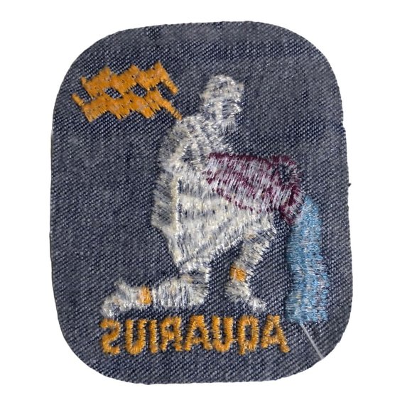 Vintage Rumper Stitcher Aquarius Embroider Sew Iron Patch Astrology Denim Yellow - Picture 4 of 4